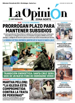 Diario La Opinión Zona Norte tapa edición impresa del miércoles 31de julio de 2024, Caleta Olivia, Santa Cruz, Argentina Diario La Opinión Zona Norte tapa edición impresa del miércoles 31de julio de 2024, Caleta Olivia, Santa Cruz, Argentina