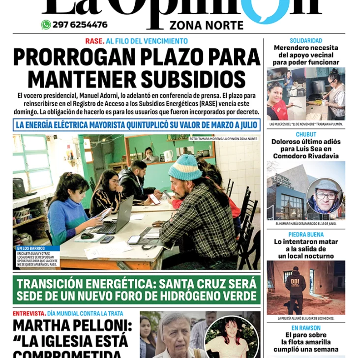 Diario La Opinión Zona Norte tapa edición impresa del miércoles 31de julio de 2024, Caleta Olivia, Santa Cruz, Argentina Diario La Opinión Zona Norte tapa edición impresa del miércoles 31de julio de 2024, Caleta Olivia, Santa Cruz, Argentina