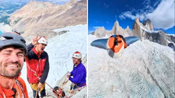 Turistas hicieron un impresionante salto base desde la Aguja Saint Exupery en El Chaltén