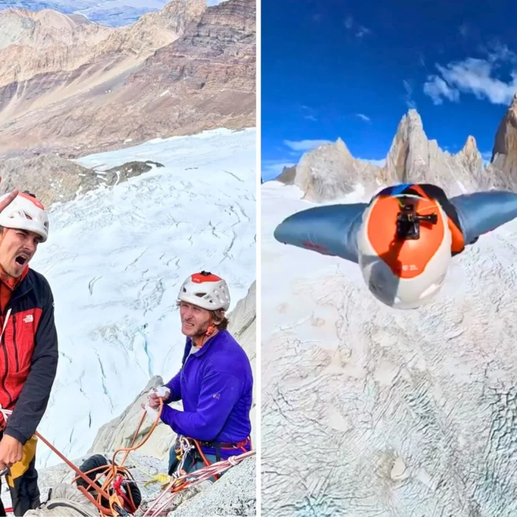 Turistas hicieron un impresionante salto base desde la Aguja Saint Exupery en El Chaltén