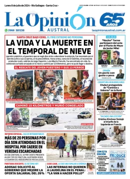 Diario La Opinión Austral tapa edición impresa del lunes 8 de julio de 2024, Río Gallegos, Santa Cruz, Argentina