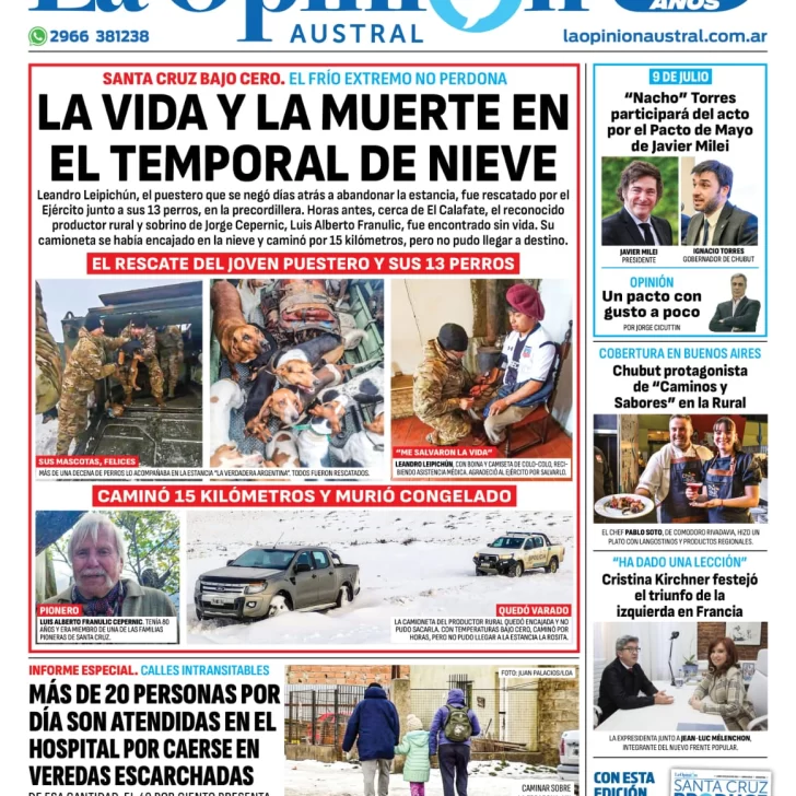 Diario La Opinión Austral tapa edición impresa del lunes 8 de julio de 2024, Río Gallegos, Santa Cruz, Argentina