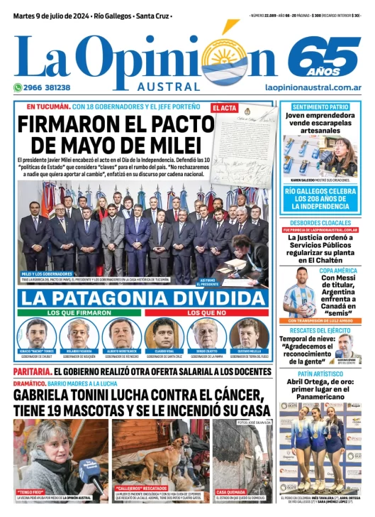 Diario La Opinión Austral tapa edición impresa del martes 9 de julio de 2024, Río Gallegos, Santa Cruz, Argentina