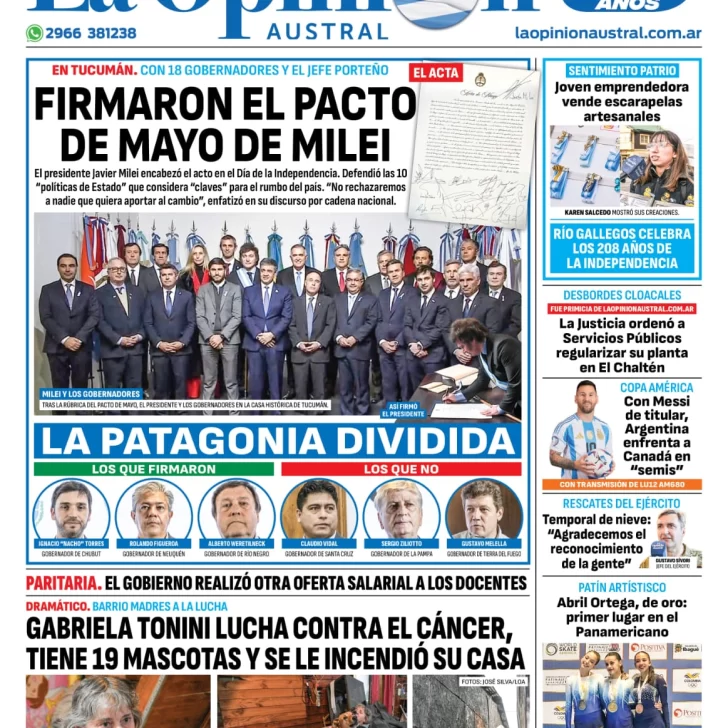 Diario La Opinión Austral tapa edición impresa del martes 9 de julio de 2024, Río Gallegos, Santa Cruz, Argentina