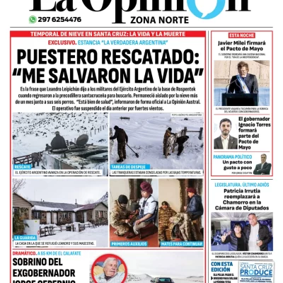 Diario La Opinión Zona Norte tapa edición impresa del lunes 8 de julio de 2024, Caleta Olivia, Santa Cruz, Argentina