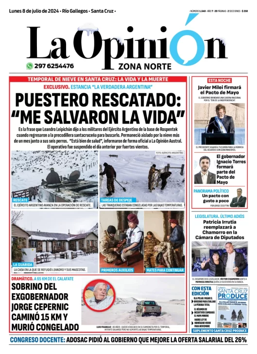 Diario La Opinión Zona Norte tapa edición impresa del lunes 8 de julio de 2024, Caleta Olivia, Santa Cruz, Argentina