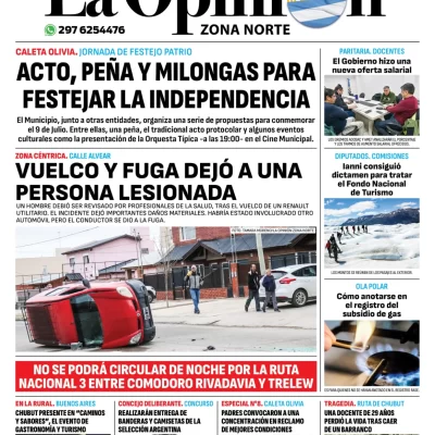 Diario La Opinión Austral tapa edición impresa del martes 9 de julio de 2024, Caleta Olivia, Santa Cruz, Argentina