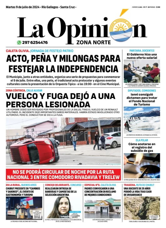 Diario La Opinión Austral tapa edición impresa del martes 9 de julio de 2024, Caleta Olivia, Santa Cruz, Argentina