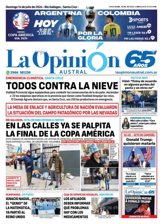 Diario La Opinión Austral tapa edición impresa del domingo 14 de julio de 2024, Río Gallegos, Santa Cruz, Argentina