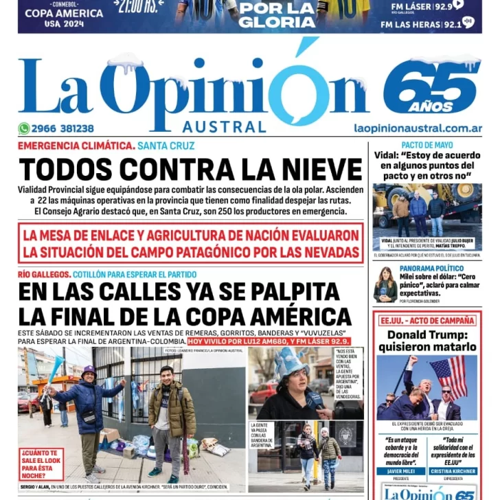 Diario La Opinión Austral tapa edición impresa del domingo 14 de julio de 2024, Río Gallegos, Santa Cruz, Argentina