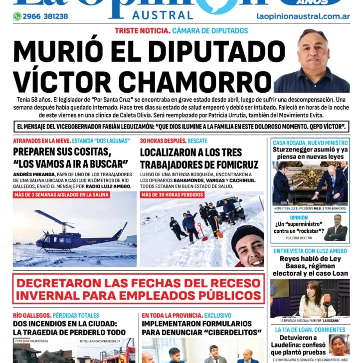 Diario La Opinión Austral tapa edición impresa del sábado 6 de julio de 2024, Río Gallegos, Santa Cruz, Argentina