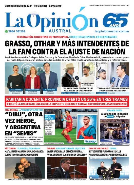 Diario La Opinión Austral tapa edición impresa del viernes 5 de julio de 2024, Río Gallegos, Santa Cruz, Argentina