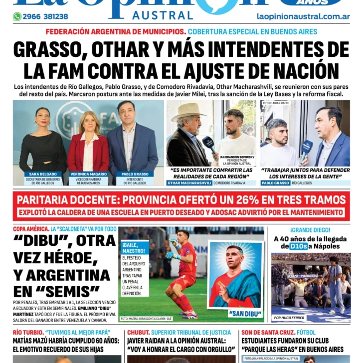 Diario La Opinión Austral tapa edición impresa del viernes 5 de julio de 2024, Río Gallegos, Santa Cruz, Argentina