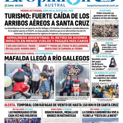 Diario La Opinión Austral tapa edición impresa del domingo 21 de julio de 2024, Río Gallegos, Santa Cruz, Argentina