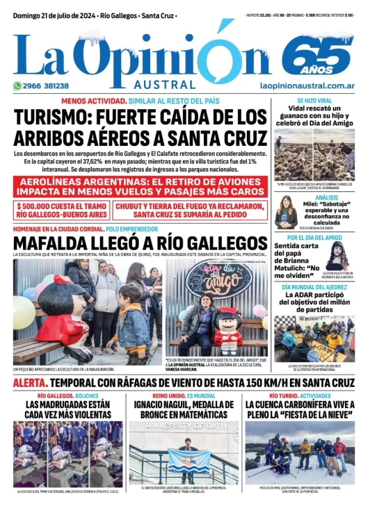 Diario La Opinión Austral tapa edición impresa del domingo 21 de julio de 2024, Río Gallegos, Santa Cruz, Argentina