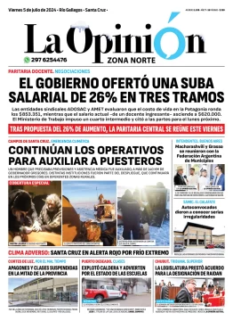 Diario La Opinión Zona Norte tapa edición impresa del viernes 5 de julio de 2024, Caleta Olivia, Santa Cruz, Argentina