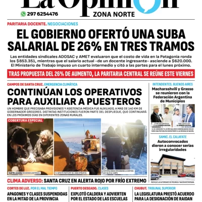 Diario La Opinión Zona Norte tapa edición impresa del viernes 5 de julio de 2024, Caleta Olivia, Santa Cruz, Argentina