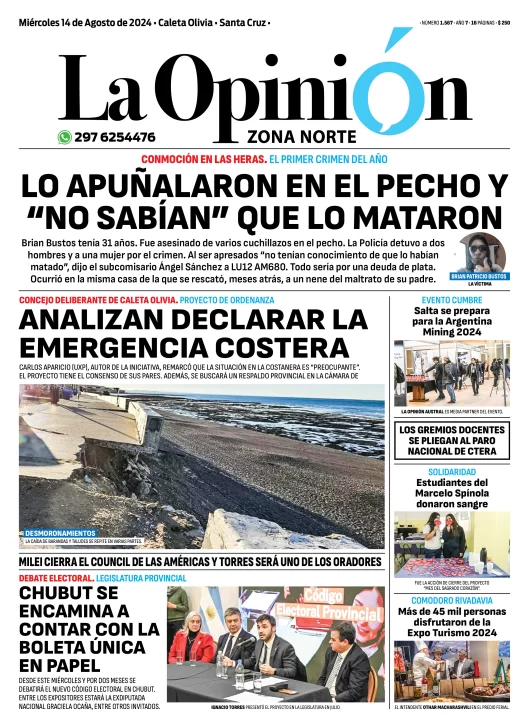 Diario La Opinión Zona Norte tapa edición impresa del miércoles 14 de agosto de 2024, Caleta Olivia, Santa Cruz, Argentina