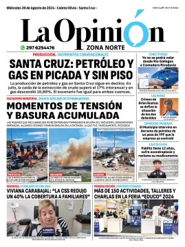 Diario La Opinión Zona Norte tapa edición impresa del miércoles 28 de agosto de 2024, Caleta Olivia, Santa Cruz, Argentina