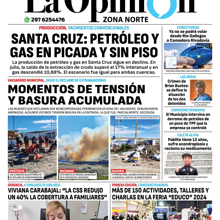 Diario La Opinión Zona Norte tapa edición impresa del miércoles 28 de agosto de 2024, Caleta Olivia, Santa Cruz, Argentina