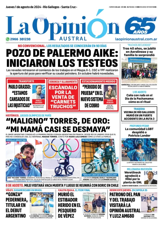 Diario La Opinión Austral tapa edición impresa del jueves 1 de agosto de 2024, Río Gallegos, Santa Cruz, Argentina