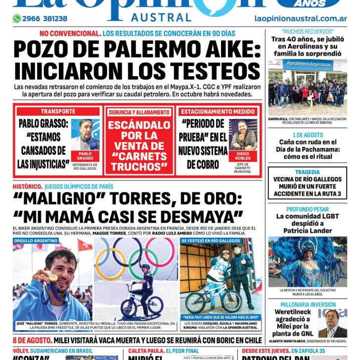 Diario La Opinión Austral tapa edición impresa del jueves 1 de agosto de 2024, Río Gallegos, Santa Cruz, Argentina