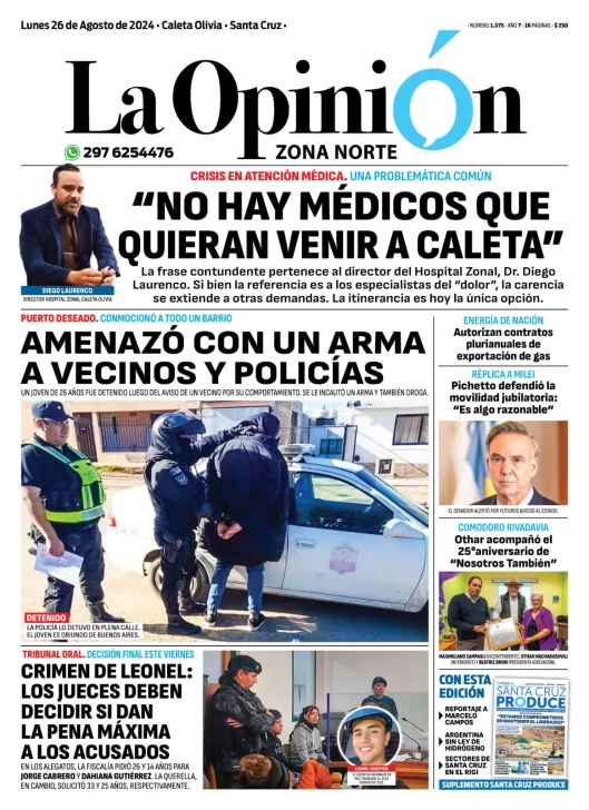 Diario La Opinión Zona Norte tapa edición impresa del lunes 26 de agosto de 2024, Caleta Olivia, Santa Cruz, Argentina