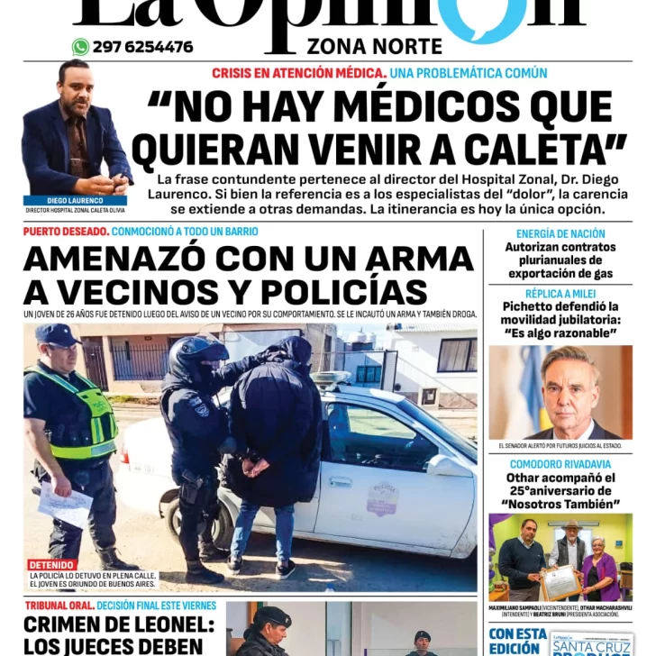 Diario La Opinión Zona Norte tapa edición impresa del lunes 26 de agosto de 2024, Caleta Olivia, Santa Cruz, Argentina