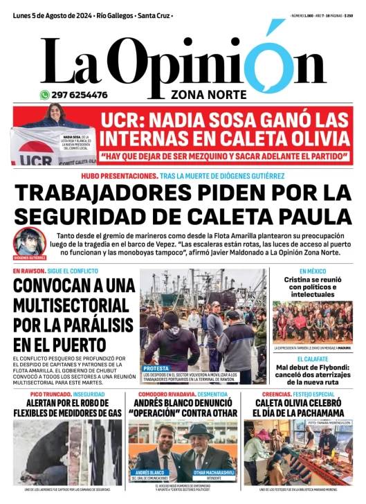 Diario La Opinión Zona Norte tapa edición impresa del lunes 5 de agosto de 2024, Caleta Olivia, Santa Cruz, Argentina