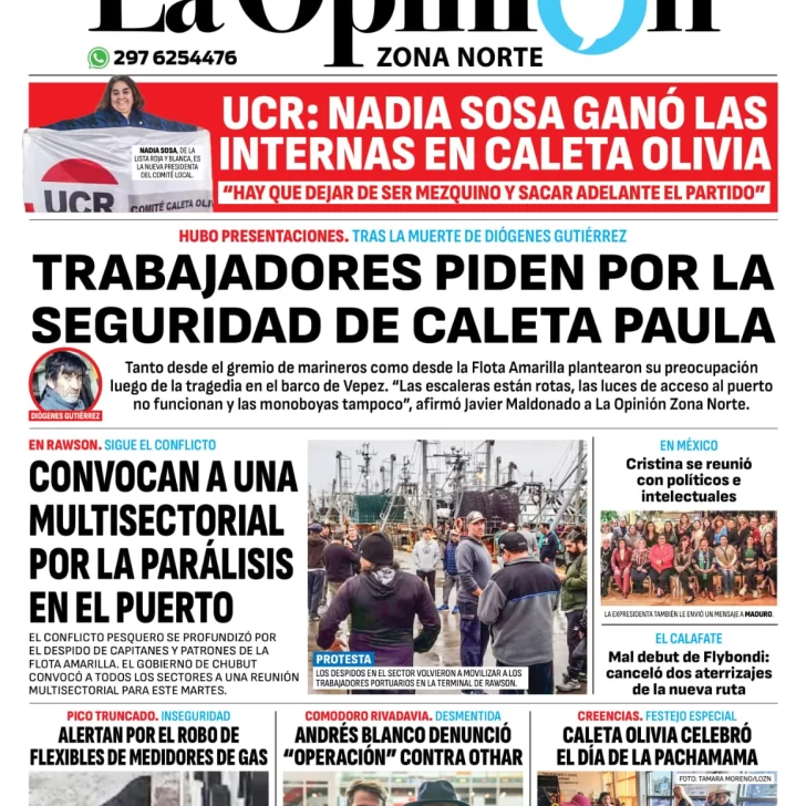 Diario La Opinión Zona Norte tapa edición impresa del lunes 5 de agosto de 2024, Caleta Olivia, Santa Cruz, Argentina