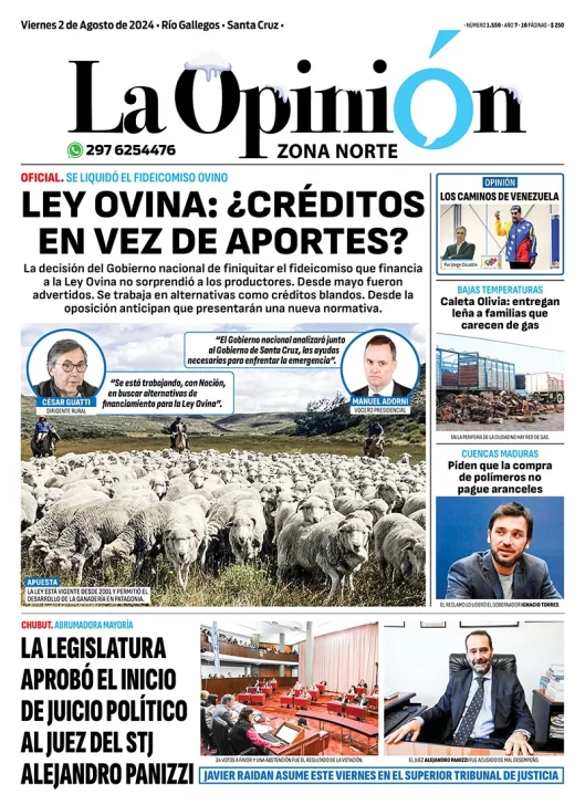 Diario La Opinión Zona Norte tapa edición impresa del viernes 2 de agosto de 2024, Caleta Olivia, Santa Cruz, Argentina