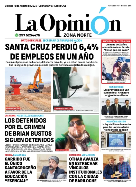 Diario La Opinión Zona Norte tapa edición impresa del viernes 16 de agosto de 2024, Caleta Olivia, Santa Cruz, Argentina