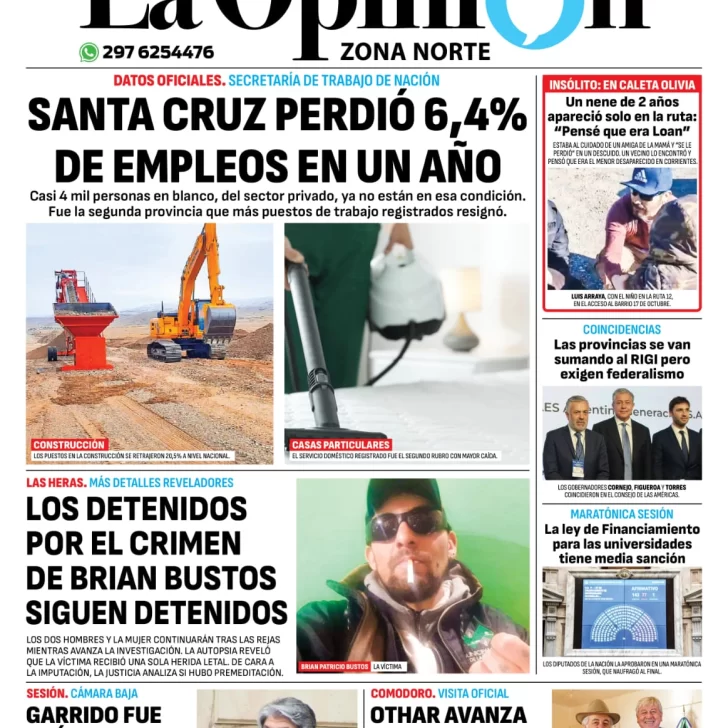Diario La Opinión Zona Norte tapa edición impresa del viernes 16 de agosto de 2024, Caleta Olivia, Santa Cruz, Argentina