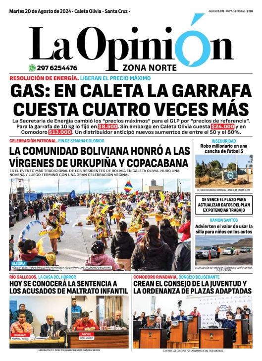 Diario La Opinión Zona Norte tapa edición impresa del martes 20 de agosto de 2024, Caleta Olivia, Santa Cruz, Argentina