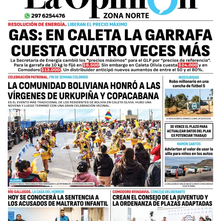 Diario La Opinión Zona Norte tapa edición impresa del martes 20 de agosto de 2024, Caleta Olivia, Santa Cruz, Argentina Diario La Opinión Zona Norte tapa edición impresa del martes 20 de agosto de 2024, Caleta Olivia, Santa Cruz, Argentina