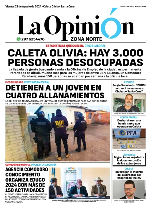 Diario La Opinión Zona Norte tapa edición impresa del viernes 23 de agosto de 2024, Caleta Olivia, Santa Cruz, Argentina