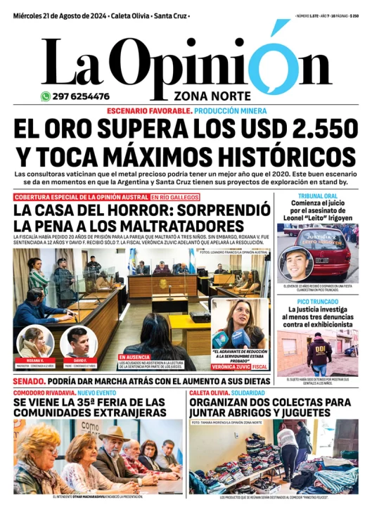 Diario La Opinión Zona Norte tapa edición impresa del miércoles 21 de agosto de 2024, Caleta Olivia, Santa Cruz, Argentina