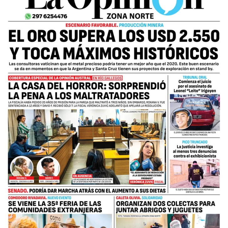 Diario La Opinión Zona Norte tapa edición impresa del miércoles 21 de agosto de 2024, Caleta Olivia, Santa Cruz, Argentina
