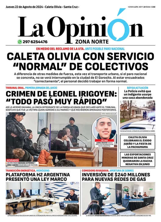 Diario La Opinión Zona Norte tapa edición impresa del jueves 22 de agosto de 2024, Caleta Olivia, Santa Cruz, Argentina