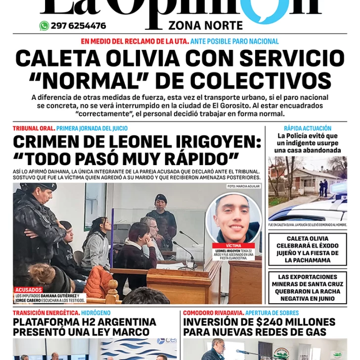 Diario La Opinión Zona Norte tapa edición impresa del jueves 22 de agosto de 2024, Caleta Olivia, Santa Cruz, Argentina