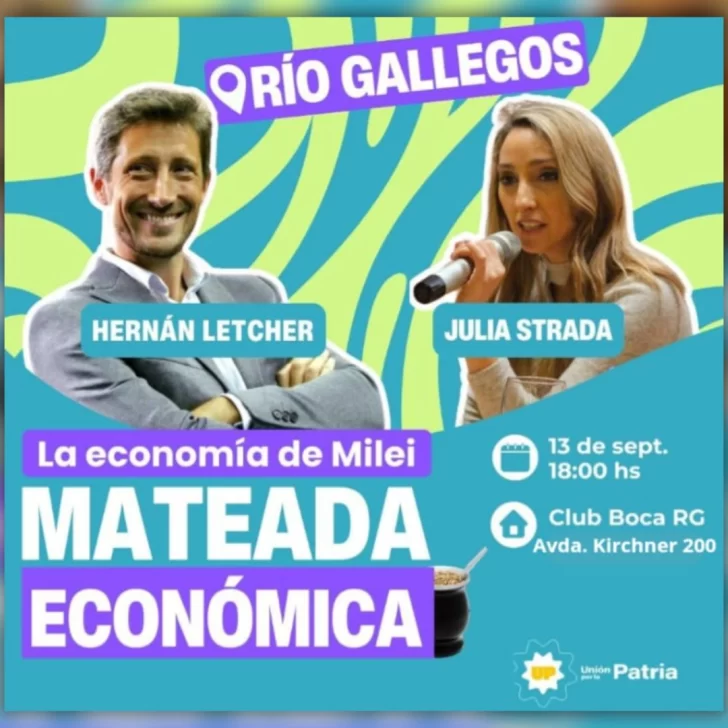 Hernán Letcher y Julia Strada llegan a Río Gallegos con una “mateada económica” para debatir la actualidad del país