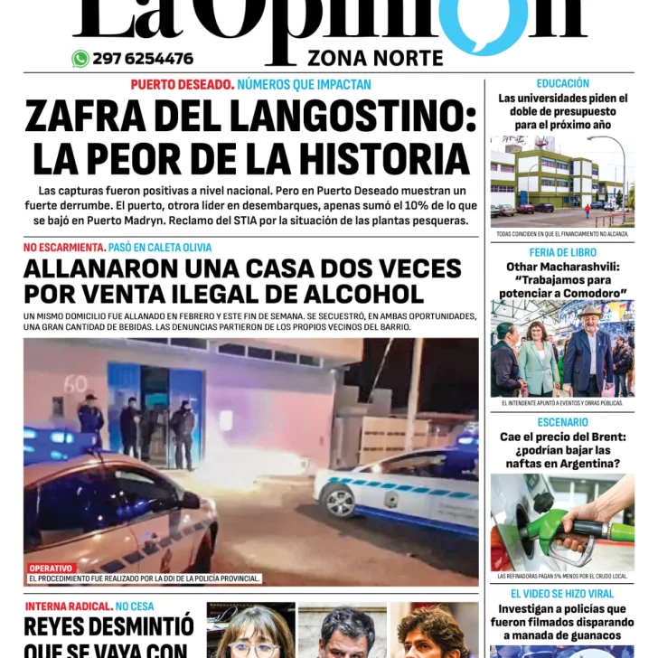 Diario La Opinión Zona Norte tapa edición impresa del lunes 23 de septiembre de 2024, Caleta Olivia, Santa Cruz, Argentina