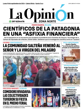 Diario La Opinión Zona Norte tapa edición impresa del lunes 16 de septiembre de 2024, Caleta Olivia, Santa Cruz, Argentina