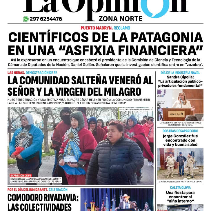 Diario La Opinión Zona Norte tapa edición impresa del lunes 16 de septiembre de 2024, Caleta Olivia, Santa Cruz, Argentina