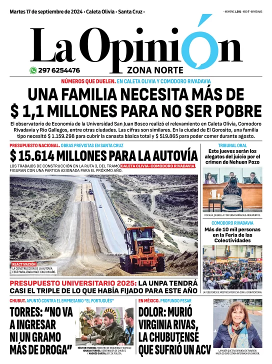 Diario La Opinión Zona Norte tapa edición impresa del martes 17 de septiembre de 2024, Caleta Olivia, Santa Cruz, Argentina
