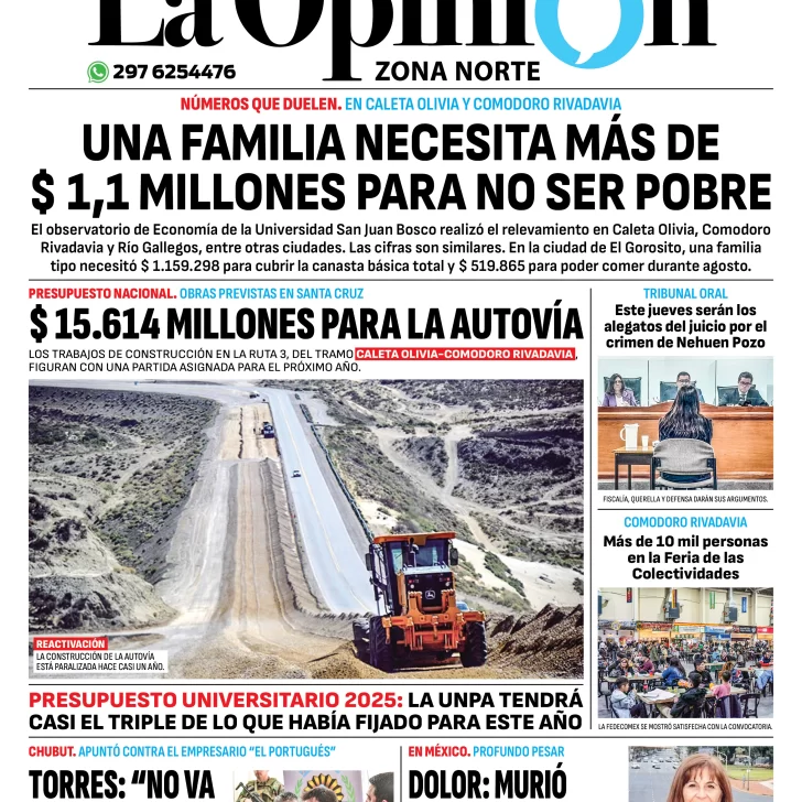 Diario La Opinión Zona Norte tapa edición impresa del martes 17 de septiembre de 2024, Caleta Olivia, Santa Cruz, Argentina