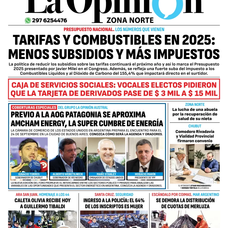 Diario La Opinión Zona Norte tapa edición impresa del jueves 19 de septiembre de 2024, Caleta Olivia, Santa Cruz, Argentina