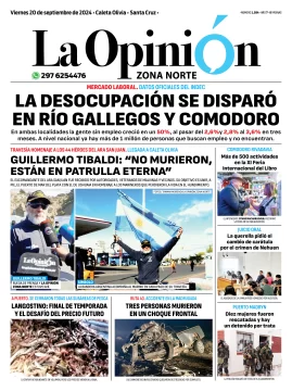 Diario La Opinión Zona Norte tapa edición impresa del viernes 20 de septiembre de 2024, Caleta Olivia, Santa Cruz, Argentina