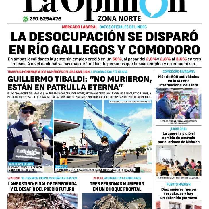 Diario La Opinión Zona Norte tapa edición impresa del viernes 20 de septiembre de 2024, Caleta Olivia, Santa Cruz, Argentina