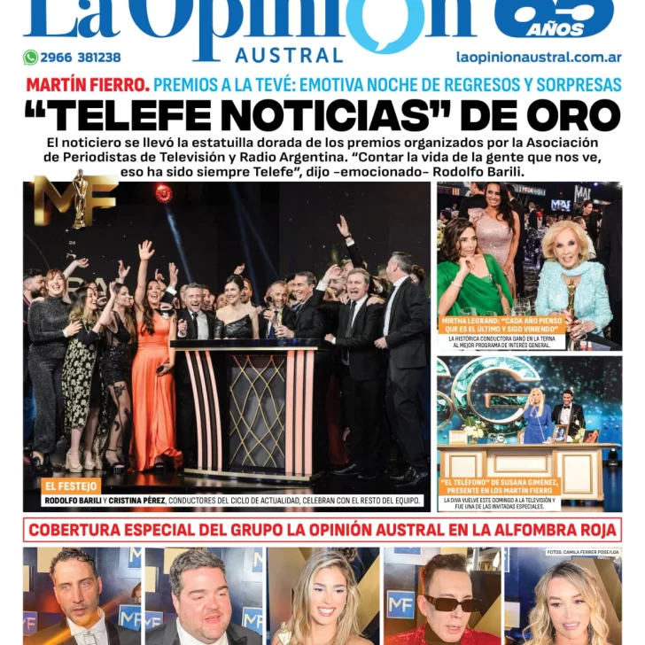 Tapa Especial de La Opinión Austral: “Telefe Noticias” de oro